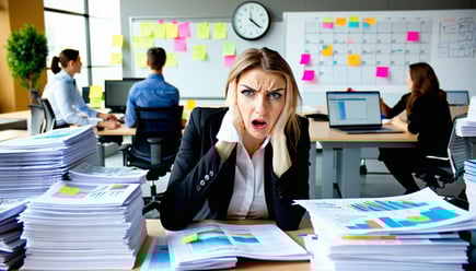 The image depicts a busy office environment where a midlevel marketing manager is seated at a cluttered desk surrounded by stacks of paperwork open laptops and colorful spreadsheets The manager a woman in her midthirties has a frustrated expression a-3